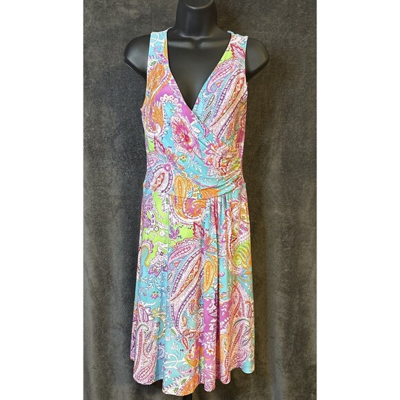 RALPH LAUREN Hawaiian Dress P/P Fit Flare  Paisley Jersey Summer  Stretch - Picture 2 of 12
